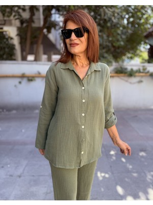DenizEge Butik Müslin Yakalı Gömlek Haki