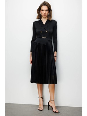 Ekol Kadın Eteği Piliseli Akordiyon Maxi Elbise 6912 Siyah