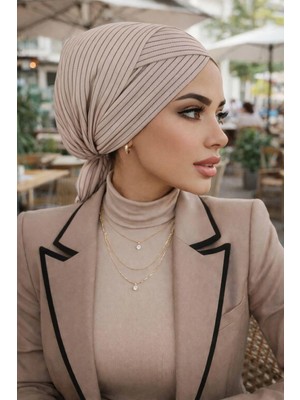 Aişe Tesettür Bej Çizgili Çapraz Bantlı Bone