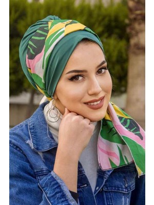 Aişe Tesettür Zümrüt Renkli Yaprak Desen Fularlı Bone