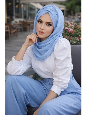 Aişe Tesettür Bebe Mavi Büzgülü Hazır Şal