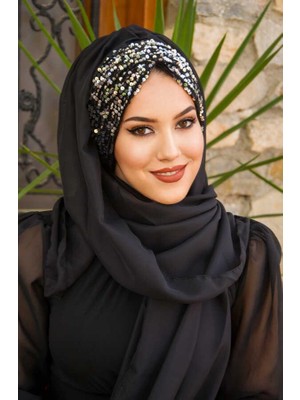 Aişe Tesettür Siyah Gümüş Pul Payetli Abiye Şal