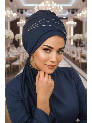 Aişe Tesettür Lacivert Taşlı Atkılı Abiye Bone