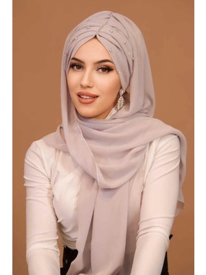 Aişe Tesettür Taş Gri Taşlı Büzgü Model Hazır Abiye Şal