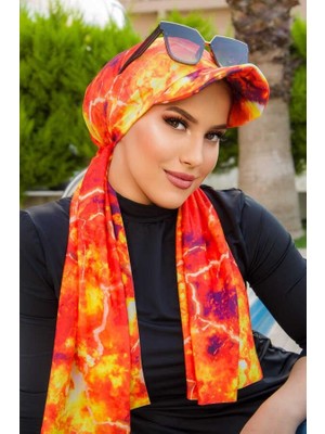 Aişe Tesettür Turuncu Desen Siperli Bone Şal