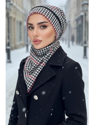 Aişe Tesettür Siyah Kırmızı Kazayağı Tesettür Bere ve Etol Takım