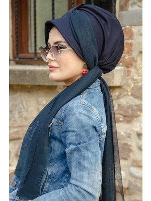 Aişe Tesettür Lacivert Şapkalı Fularlı Şapka Bone