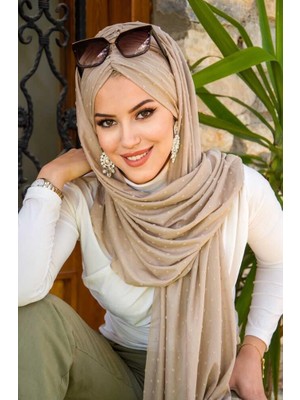 Aişe Tesettür Bej Ponpon Büzgülü Hazır Şal