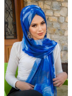 Aişe Tesettür Saks Mavi Batik Desen Hazır Şal