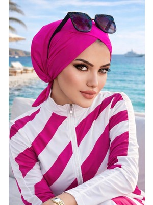 Aişe Tesettür Neon Pembe Çapraz Bantlı Deniz - Havuz Bonesi
