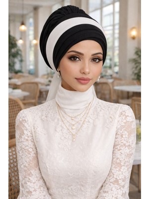 Aişe Tesettür Siyah Piliseli Fularlı Bone