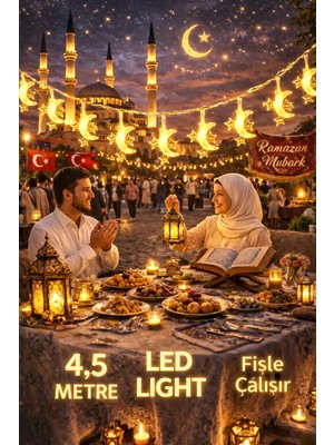 Pairla 4,5 Metre Ramazan 3 Yıldız 1 Ay Temalı LED Işıklı Süsleme Seti Ramazan Süsleri, Ramazan Hediyem Ramazan Süsü