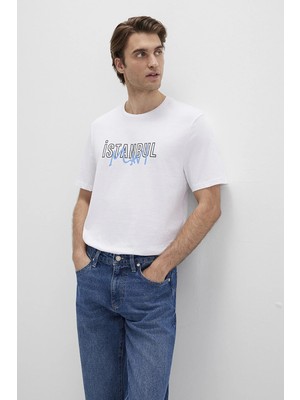 Mavi Erkek Istanbul Baskılı %100 Pamuk T-Shirt M067114 Beyaz