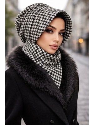 Aişe Tesettür Siyah Kazayağı Kaşe Şapkalı Bone ve Etol Takım