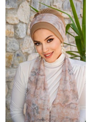 Aişe Tesettür Bej Ebruli Desen Fularlı Bone