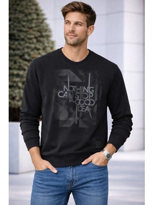 İnce Moda Giyim Erkek Oversize Baskılı Bisiklet Yaka Sweatshirt