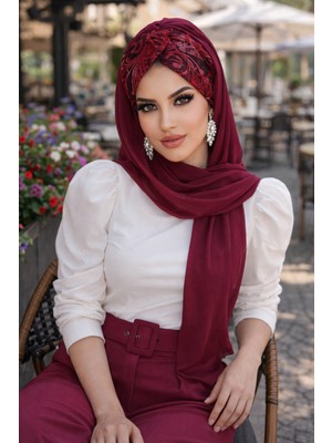 Aişe Tesettür Bordo Çiçek Desen Burgu Hazır Şal