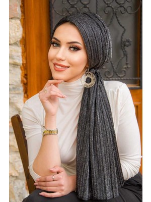 Aişe Tesettür Siyah Gümüş Piliseli Kelebek Model Bantlı Abiye Bone Şal