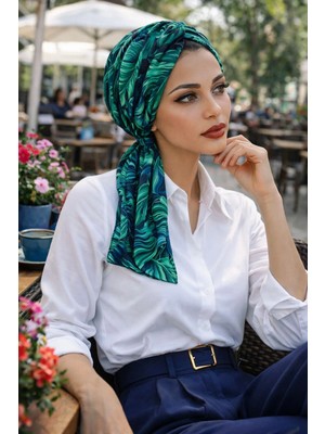 Aişe Tesettür Siyah Yeşil Yaprak Büzgülü Eşarp Bone