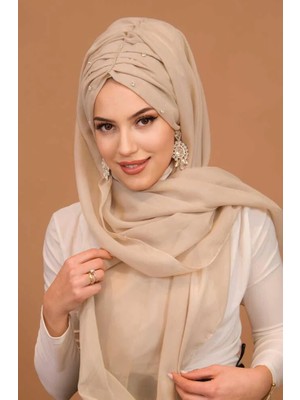 Aişe Tesettür Kemik Rengi Taşlı Büzgü Model Hazır Abiye Şal