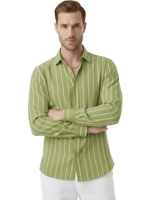 Rizzup Erkek Yeşil Slim Fit Dar Kesim Çizgili Uzun Kollu Gömlek 2501309