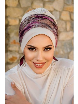 Aişe Tesettür Kemik Mürdüm Batik Desen Bantlı Bone