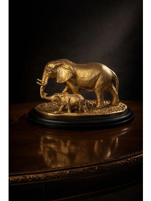 Altın Metal Dekoratif Yavrulu Fil