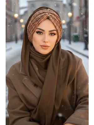 Aişe Tesettür Kahve Taba Desenli Kışlık Hazır Şal