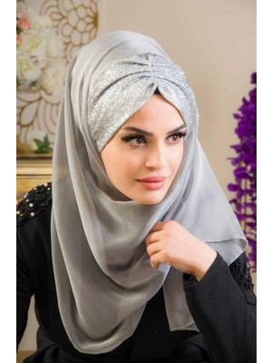 Aişe Tesettür Gümüş Fransız Şifon Simli Double Abiye Şal