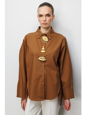 Ekol Kadın Metal Broşlu Oversize Pamuk Gömlek 2822 Kakao