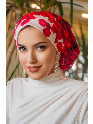 Aişe Tesettür Kırmızı Gül Desen Çağla Hazır Türban