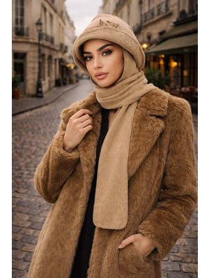 Aişe Tesettür Camel Aksesuarlı Atkılı Vintage Şapka