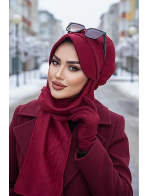 Aişe Tesettür Bordo Kapitone Atkılı Tesettür Şapka