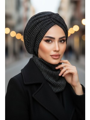 Aişe Tesettür Siyah Gümüş Kışlık Burgu Bone ve Etol Takım