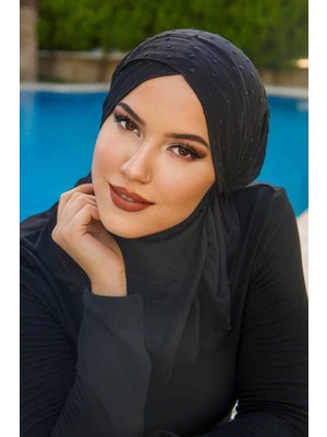 Aişe Tesettür Siyah Hijab Çapraz Bantlı Havuz ve Deniz Bonesi