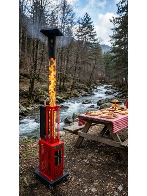 Bey Şömine Pelet Soba Roket Pelet Sobası Kasalı Muhafazalı Tekerlekli Pelet Soba Kırmızı