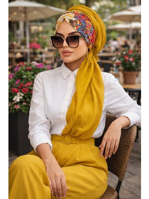 Aişe Tesettür Hardal Etnik Desen Büzgülü Hazır Şal