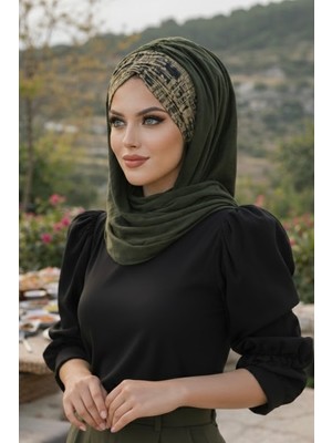 Aişe Tesettür Haki Yazı Desen Hazır Şal