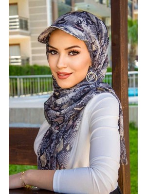 Aişe Tesettür Siyah Yılan Derisi Desen Kepli Bandana Şapka Şal