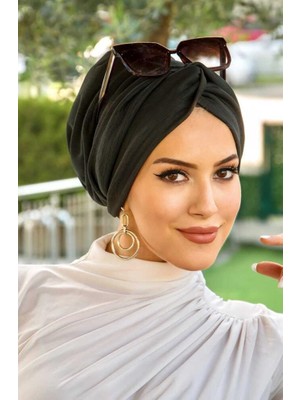 Aişe Tesettür Siyah Haki Hazır Burgulu Düğüm Bone