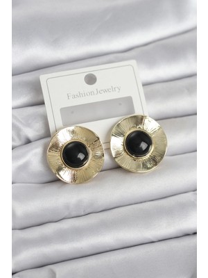 SHC4200 Mey Ithalat® Model Siyah Gold Renk Pirinç Kadın Küpe