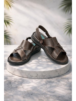 İhvan Online Hakiki Deri Ortopedik Topuk Jelli Erkek Sandalet Terlik - Hac Umre Günlük Rahat Taban Sandalet - Kahverengi