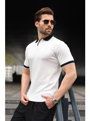 Madmext Beyaz Polo Yaka Triko Erkek Tişört E7470