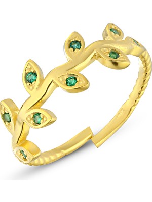 Zanaat Silver 925 Ayar Gümüş Ayarlanabilir Yeşil Zirkon Taşlı Zeytin Dalı Yaprak Yüzük