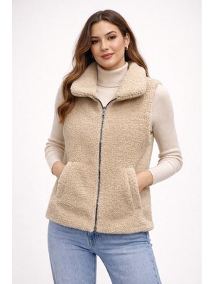 SINWEAR Welsoft Kuzu Desen Peluş Kadın Yelek Astarlı Çift Cepli Rahat Kalıp