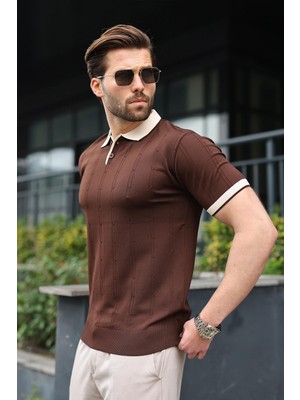 Madmext Kahverengi Polo Yaka Triko Erkek Tişört E7470