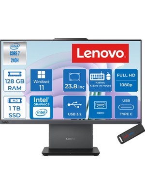 Lenovo Thinkcentre Neo 50A 24 Gen 5 Intel® Core™ 7 240H 5.2ghz 128GB Ddr5 1tb SSD 23.8" Fhd (1920X1080) IPS 250NITS, 99% Srgb WIN11HOME Siyah Allınone Bilgisayar 12SC003YTRH38+ZETTAUSBBELLEK