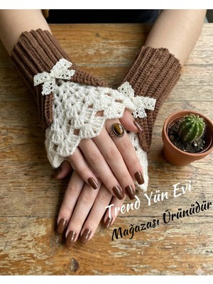 El Örgüsü Parmaksız Eldiven (Kahve Rengi)(S-M-L) Coton Iplikle Örülmüştür