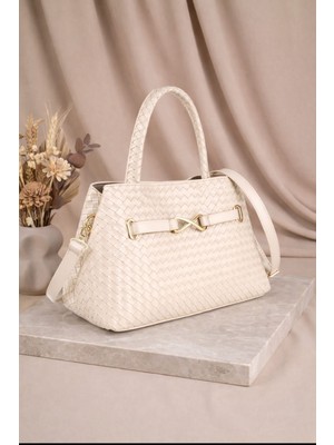 Özüm Çanta Kadın Örgü Desen Kemer Datay El ve Kol Çantası Krem