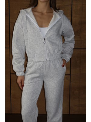 Zengezur Mall Lvsqvr 3 Iplik Şardonlu Kapşonlu Fermuarlı Kısa Üst Gri PAT8590 (Beden: S)